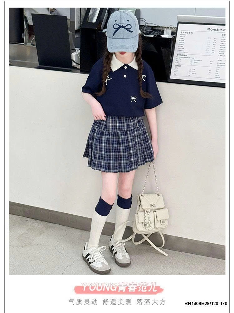 SET ÁO POLO NƠ MIX CHÂN VÁY XẾP LY