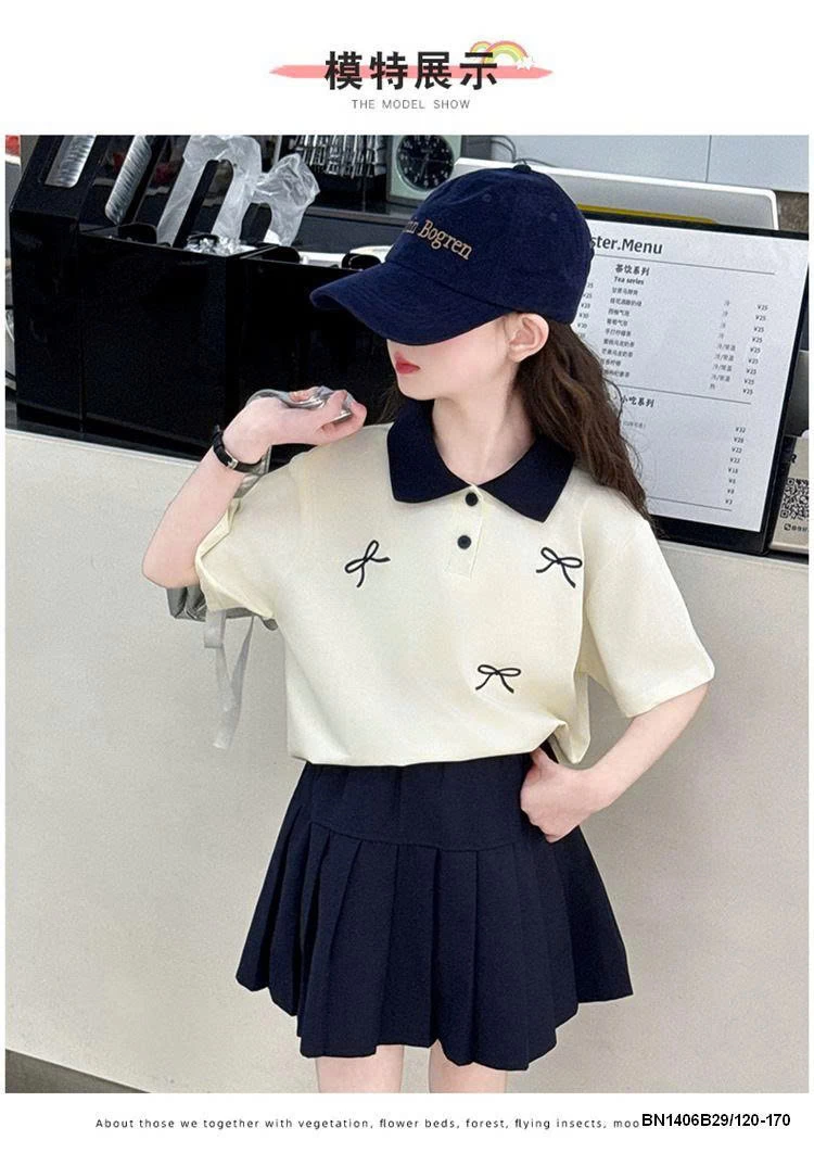 SET ÁO POLO NƠ MIX CHÂN VÁY XẾP LY