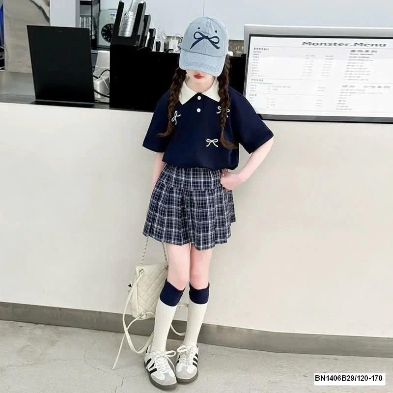 SET ÁO POLO NƠ MIX CHÂN VÁY XẾP LY