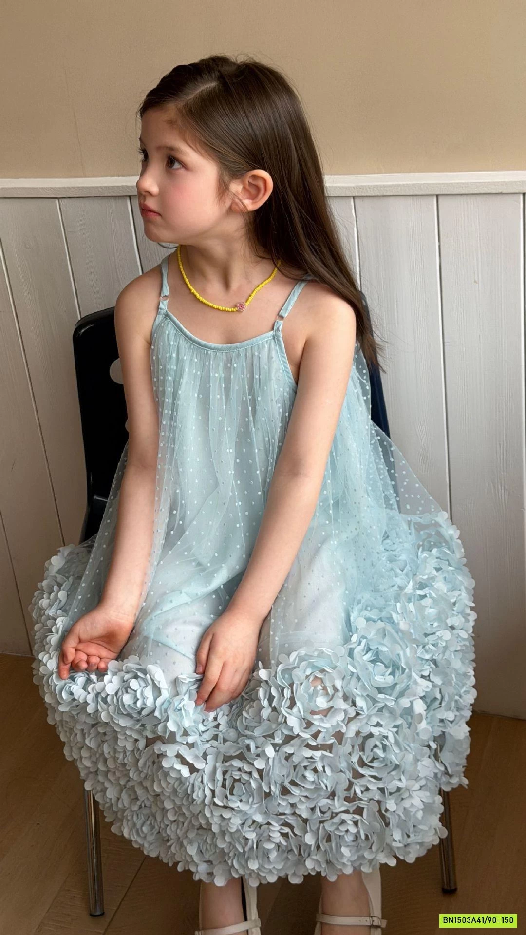 ĐẦM VOAN HOA XANH 2 DÂY 3D