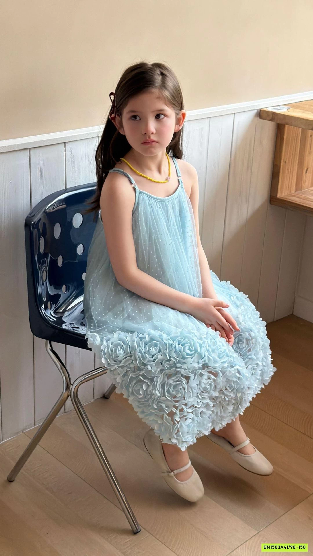 ĐẦM VOAN HOA XANH 2 DÂY 3D