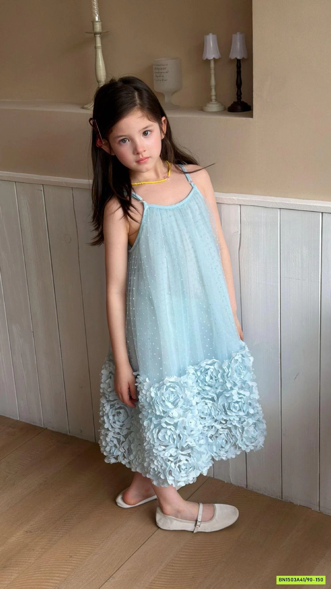 ĐẦM VOAN HOA XANH 2 DÂY 3D