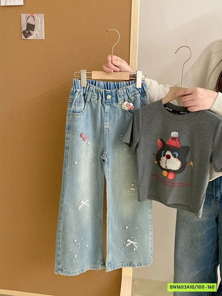 ÁO THUN MÈO MIX JEANS SUÔNG GẮN NƠ