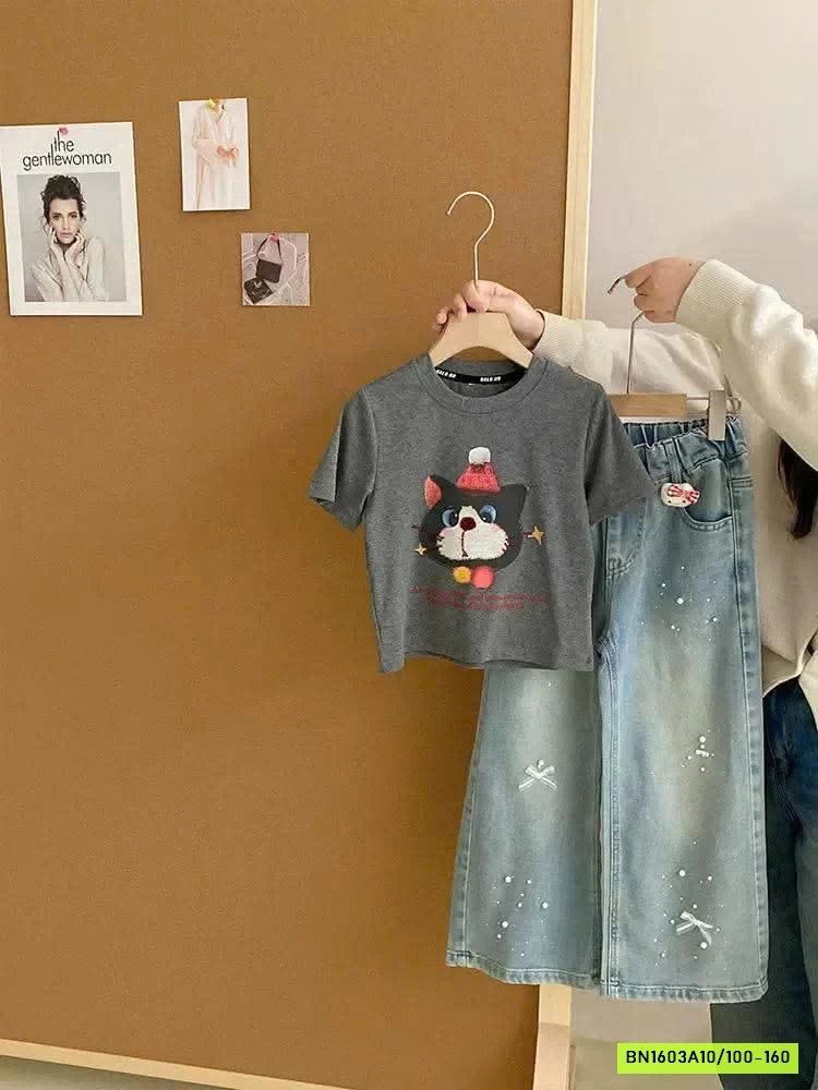 ÁO THUN MÈO MIX JEANS SUÔNG GẮN NƠ