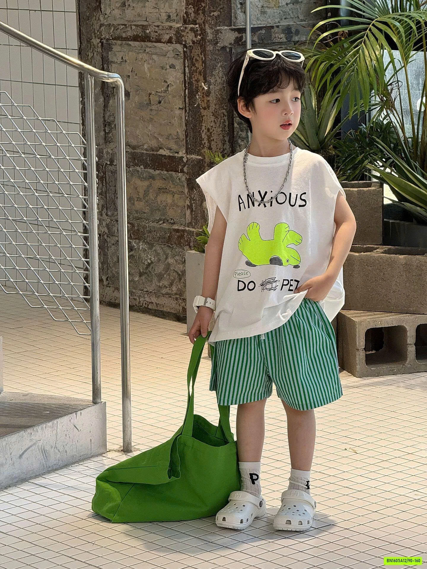 TANKTOP TRẮNG MIX SHORT SỌC XANH FANSHU