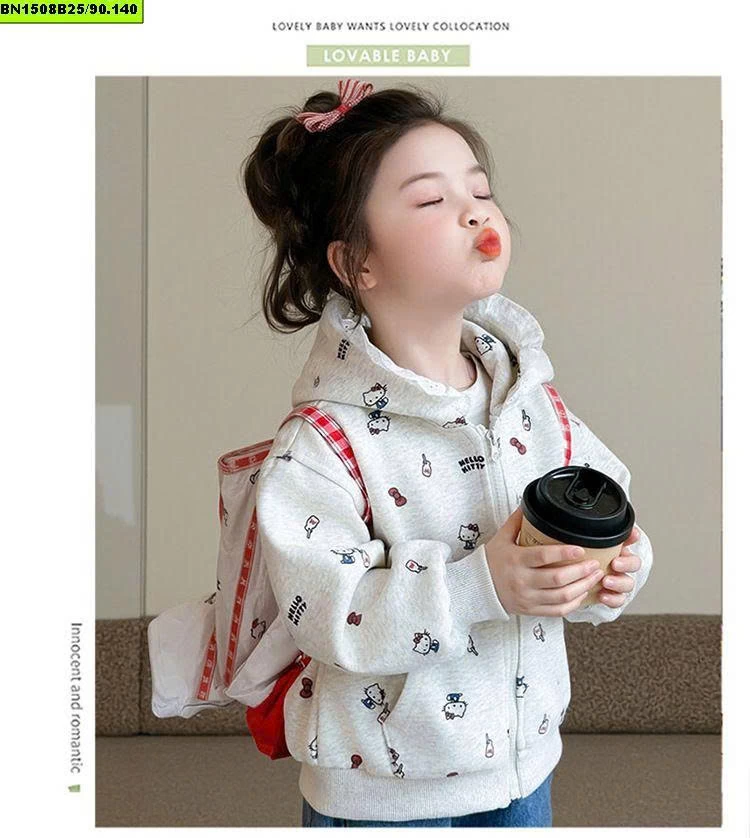 ÁO NỈ KITTY XÁM MŨ REN