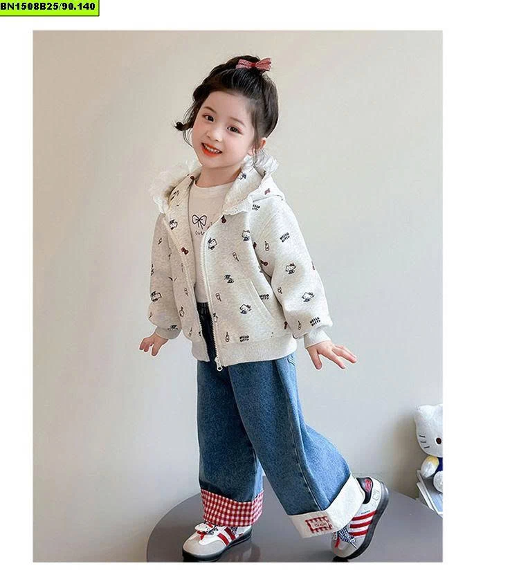 ÁO NỈ KITTY XÁM MŨ REN