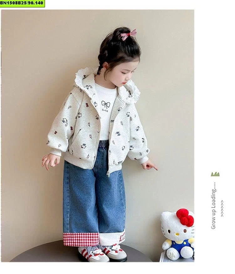 ÁO NỈ KITTY XÁM MŨ REN