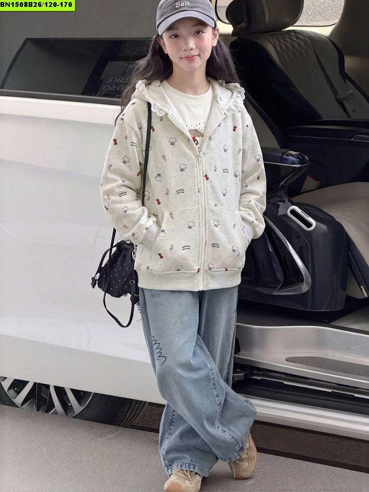 ÁO NỈ KITTY XÁM MŨ REN DÒNG SIZE ĐẠI