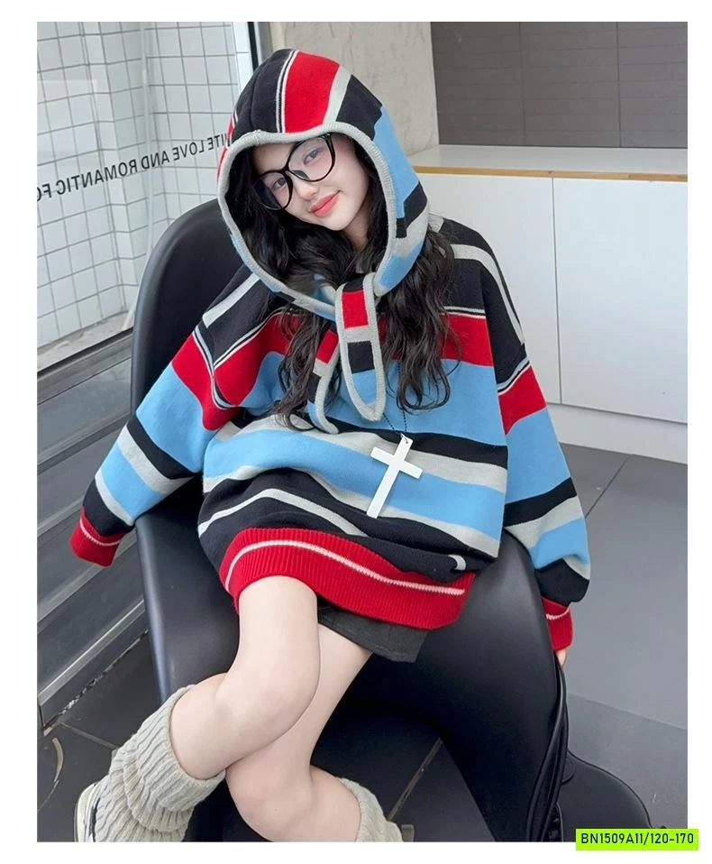 HOODIE LEN KẺ SẮC MÀU SZ ĐẠI