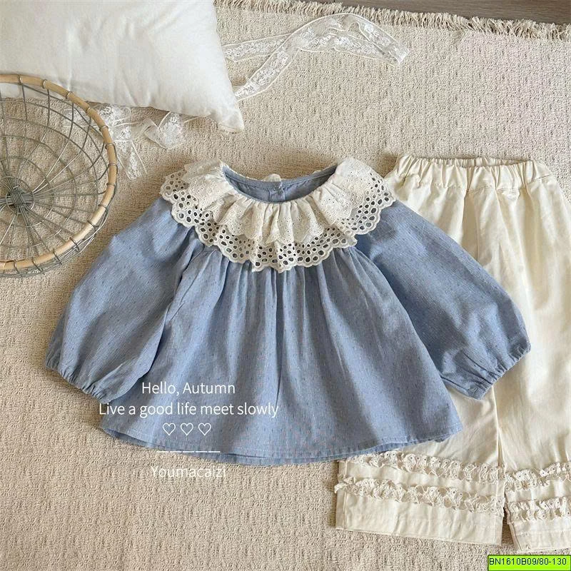 ÁO SƠ MI CỔ REN BÁNH BÈO BÉ GÁI