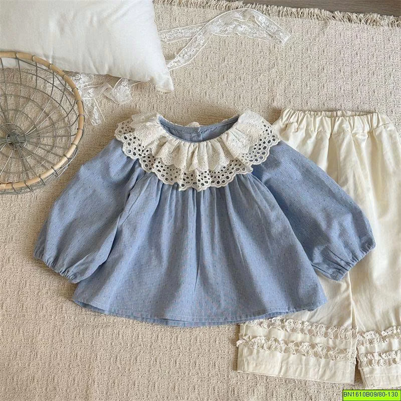 ÁO SƠ MI CỔ REN BÁNH BÈO BÉ GÁI