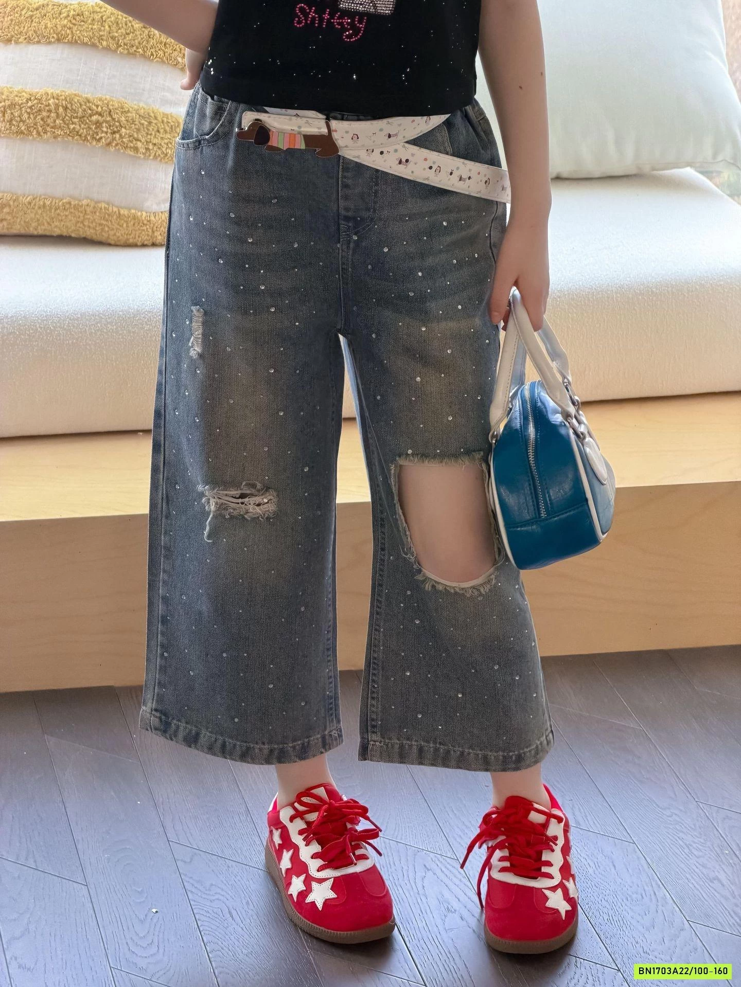 ÁO 2S KITTY MIX JEANS LỠ ĐÍNH ĐÁ