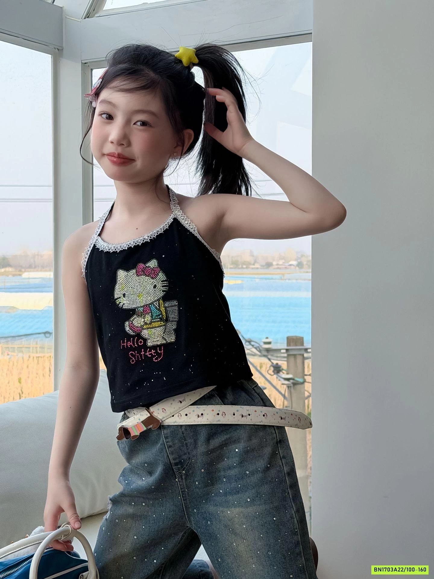 ÁO 2S KITTY MIX JEANS LỠ ĐÍNH ĐÁ