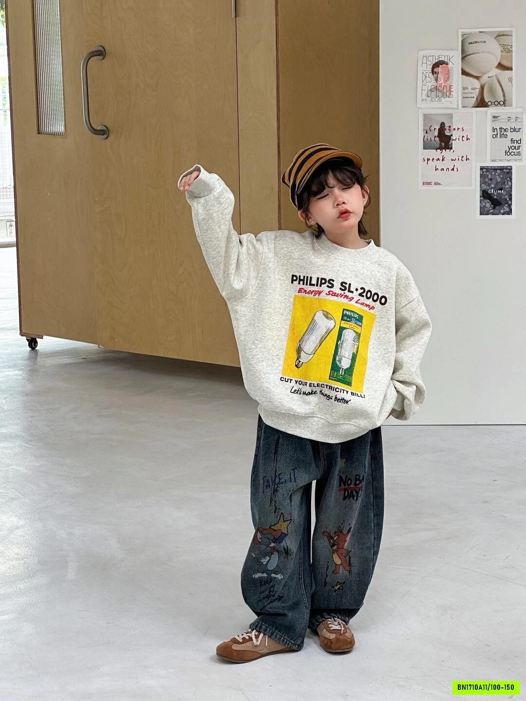 ÁO NỈ XÁM MIX JEANS HOẠT HÌNH