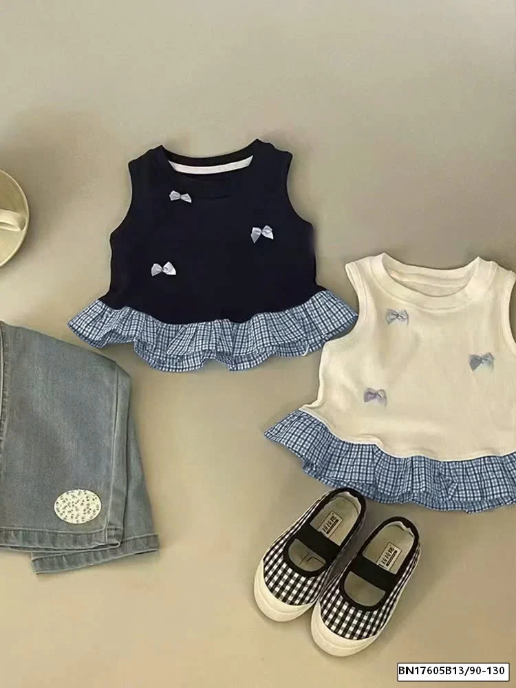 ÁO  SÁT NÁCH KẺ CARO MIX NƠ BÉ GÁI