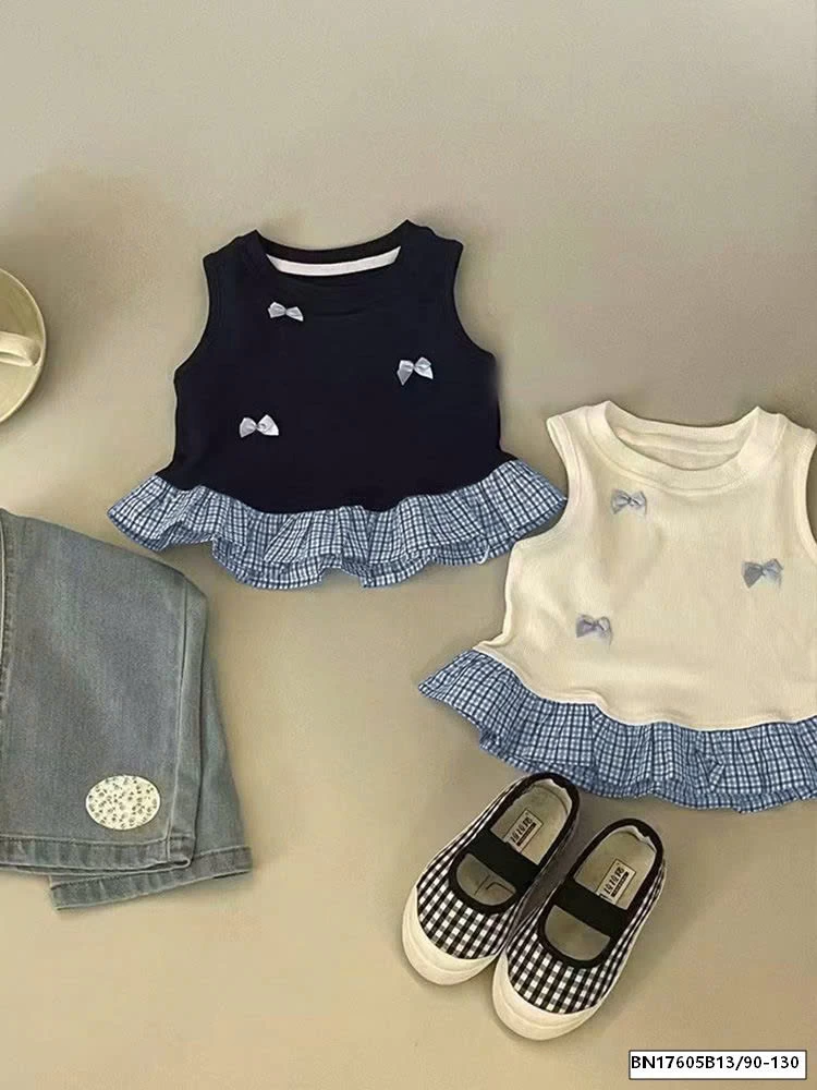 ÁO  SÁT NÁCH KẺ CARO MIX NƠ BÉ GÁI