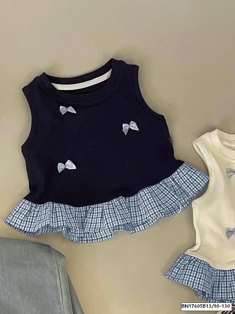 ÁO  SÁT NÁCH KẺ CARO MIX NƠ BÉ GÁI