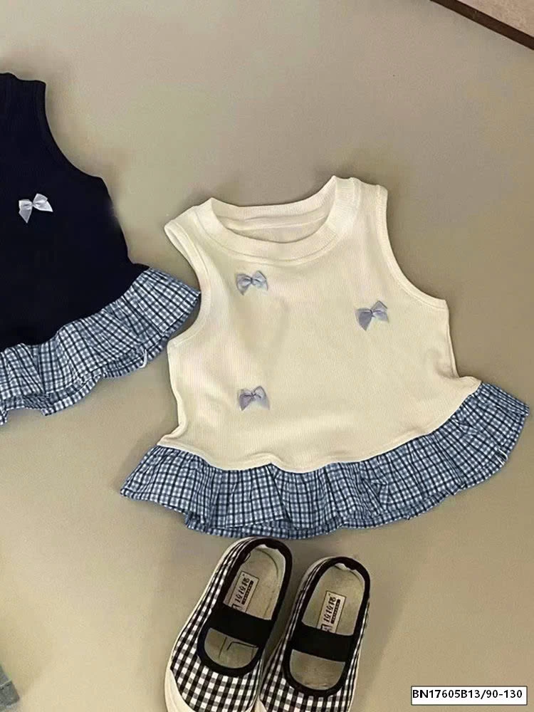 ÁO  SÁT NÁCH KẺ CARO MIX NƠ BÉ GÁI