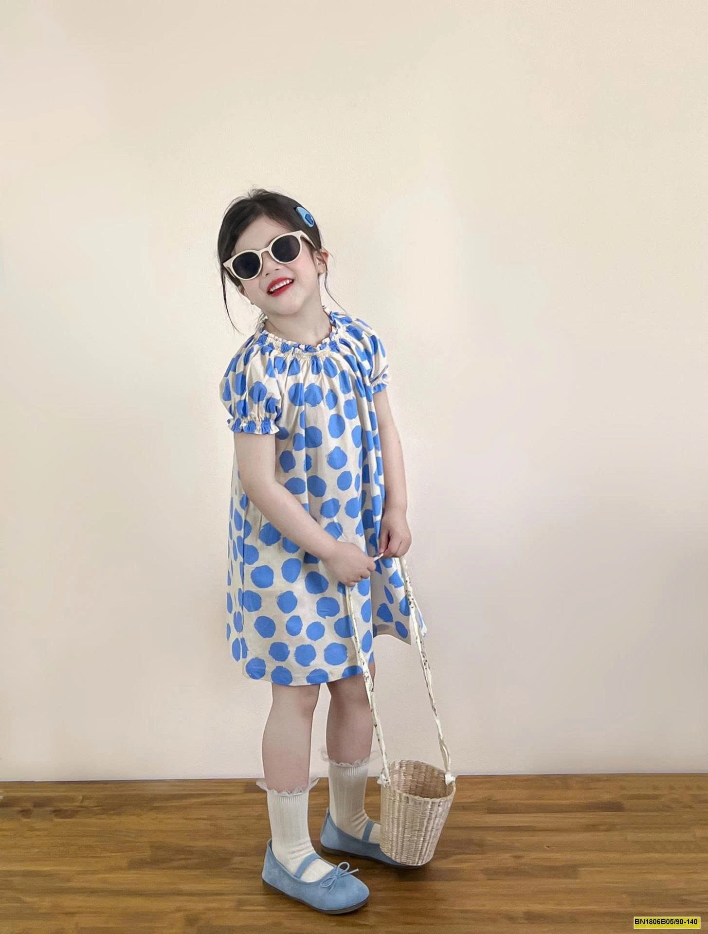 ĐẦM CHẤM BI XANH TAY BỒNG