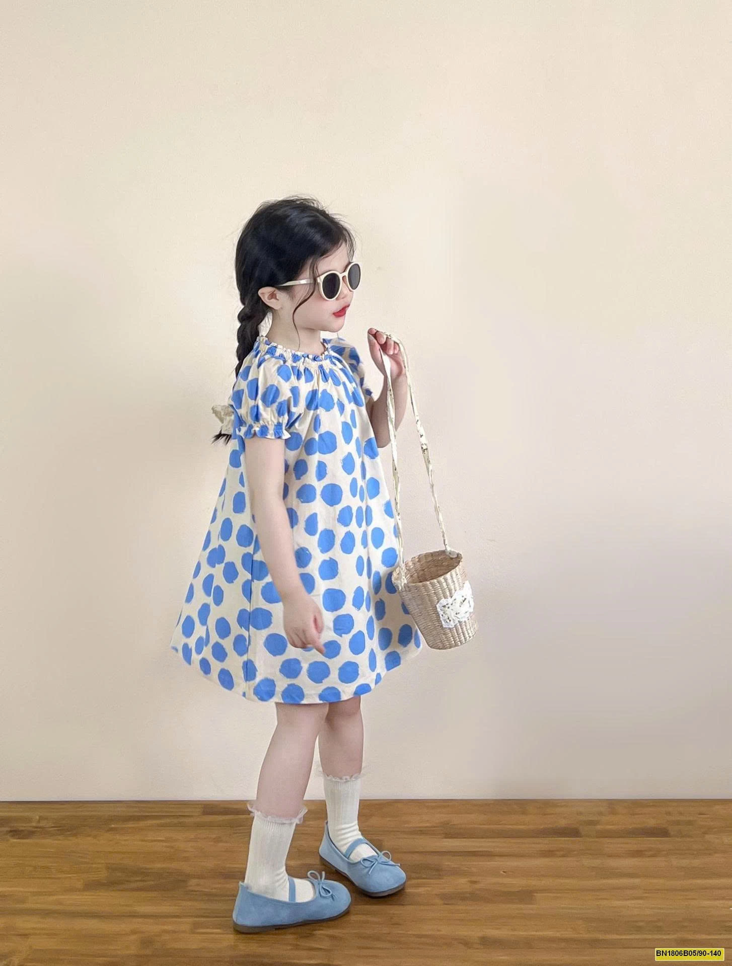 ĐẦM CHẤM BI XANH TAY BỒNG