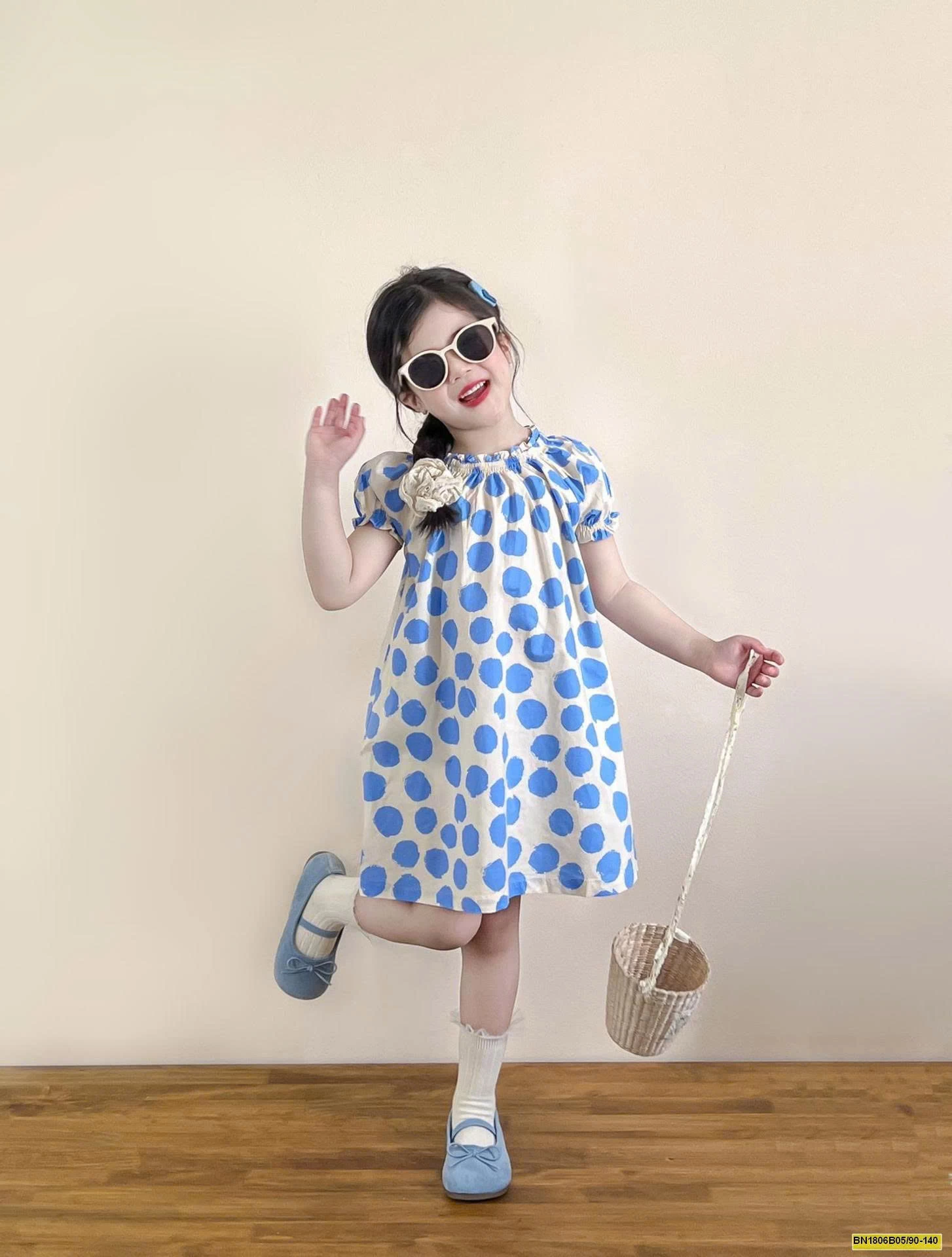 ĐẦM CHẤM BI XANH TAY BỒNG