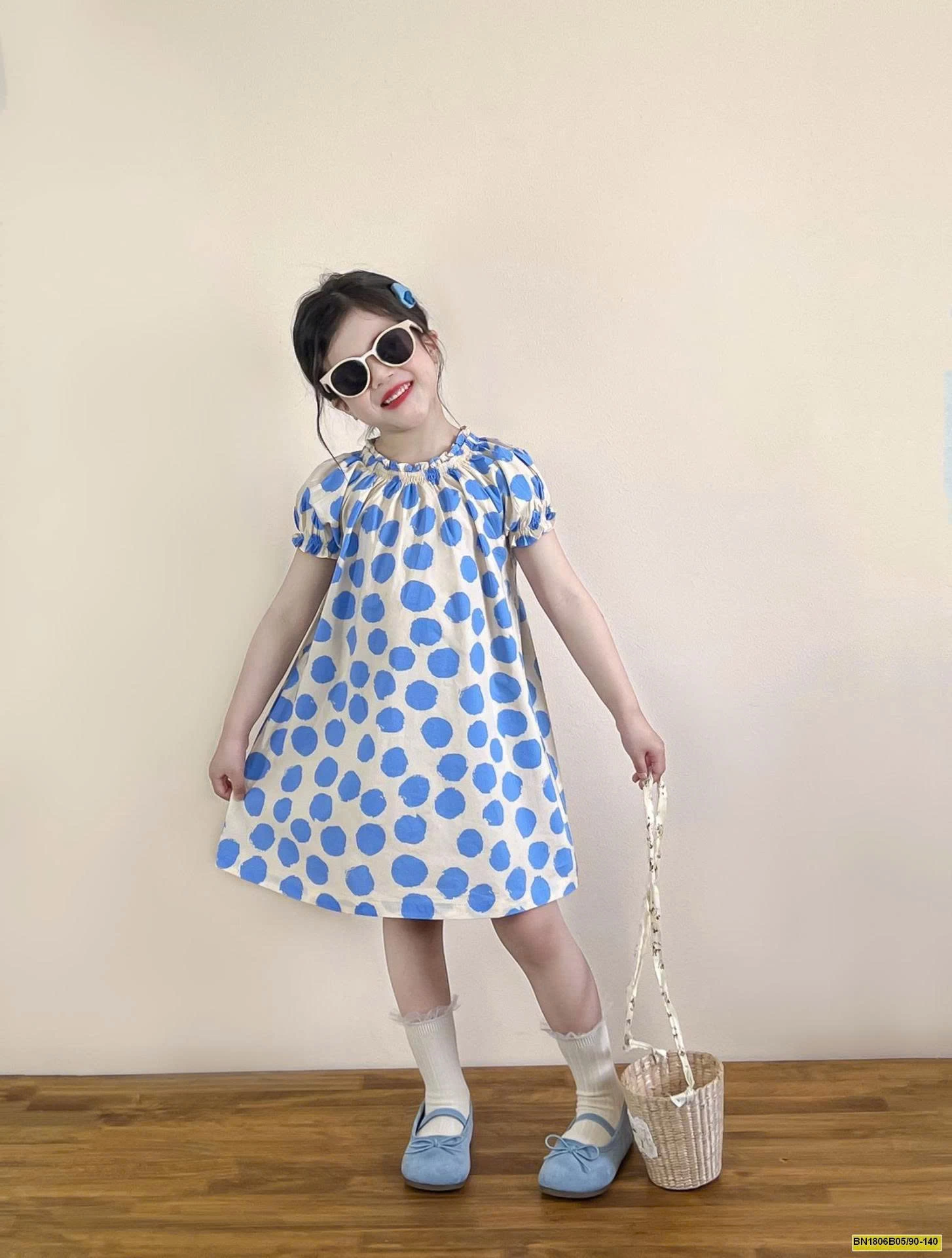 ĐẦM CHẤM BI XANH TAY BỒNG