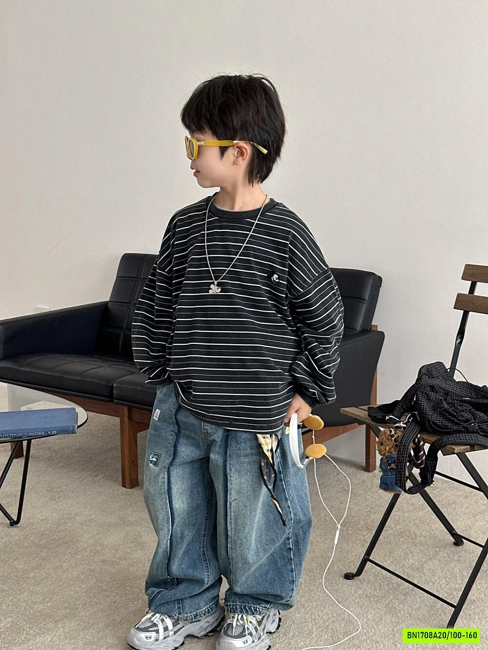 ÁO NỈ KẺ MIX JEANS BAGGY AFTE
