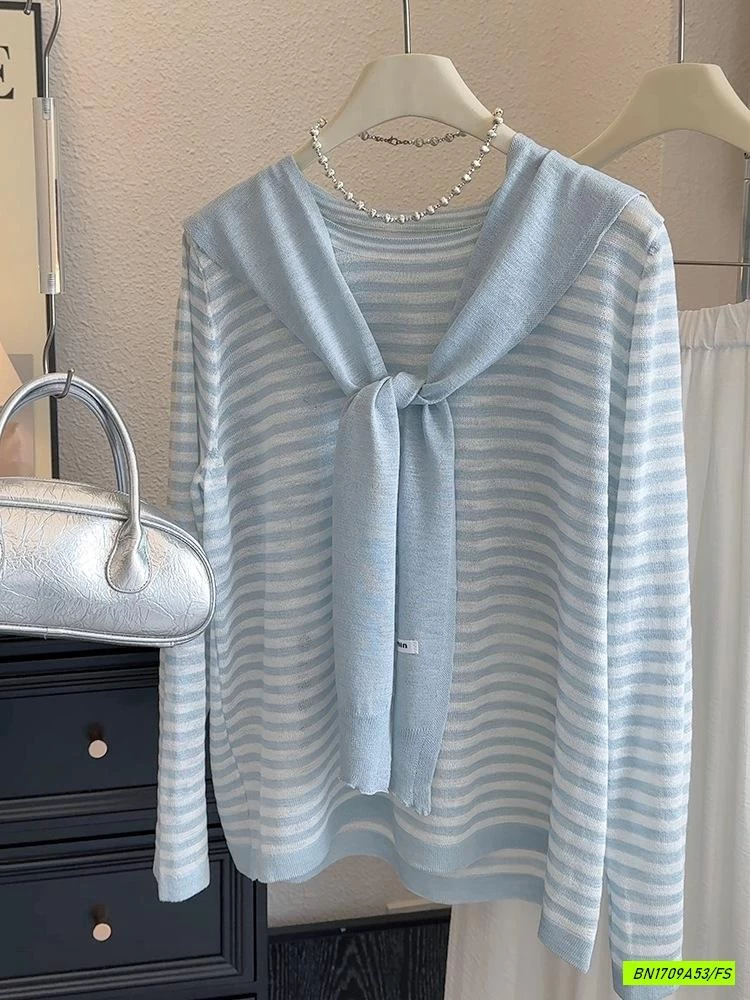 ÁO LEN DỆT KẺ NGANG KÈM KHĂN CHOÀNG