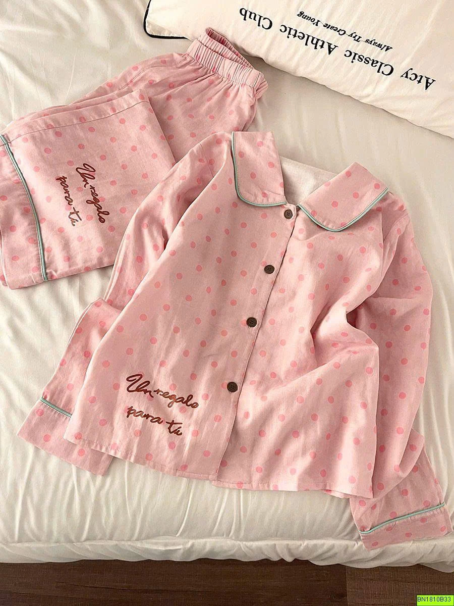 BỘ NGỦ PIJAMA CHẤM BI HỒNG VẢI THÔ