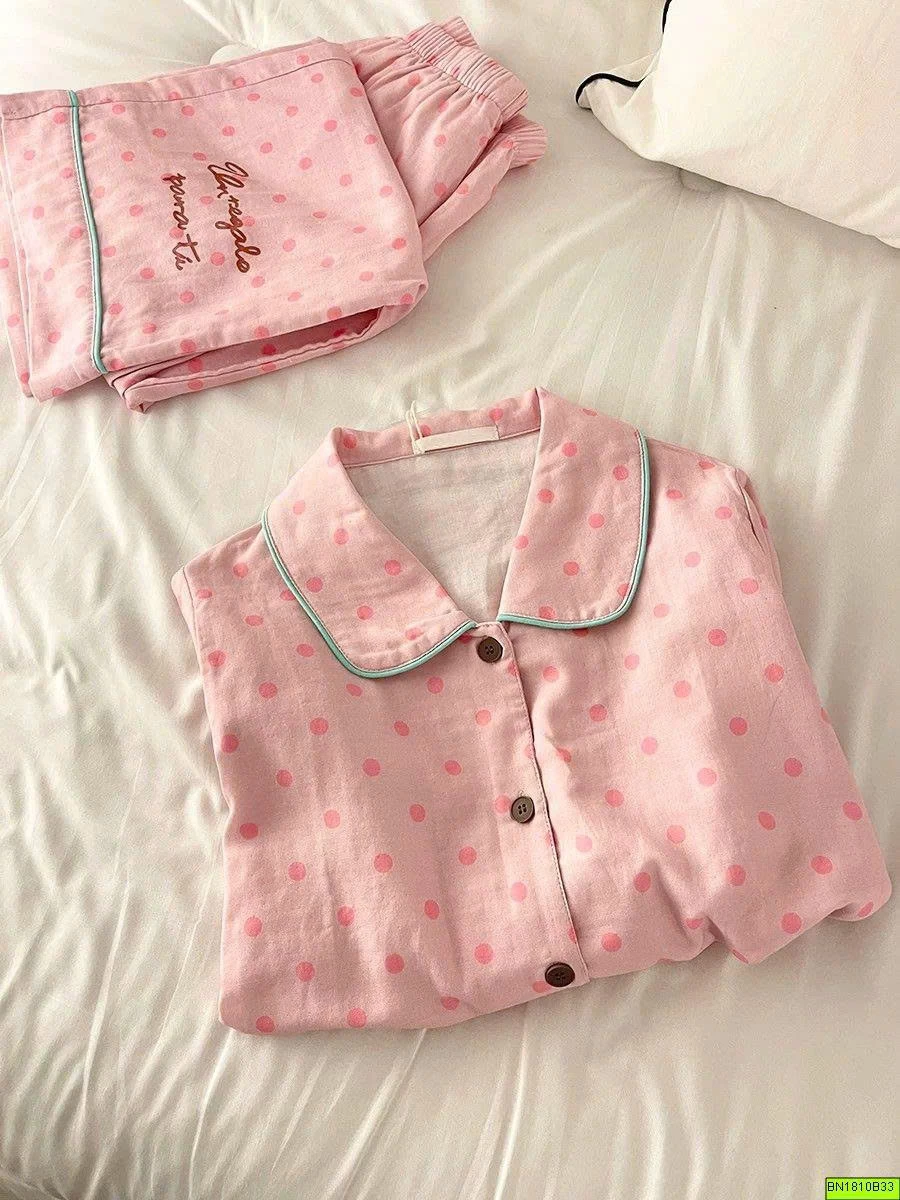 BỘ NGỦ PIJAMA CHẤM BI HỒNG VẢI THÔ