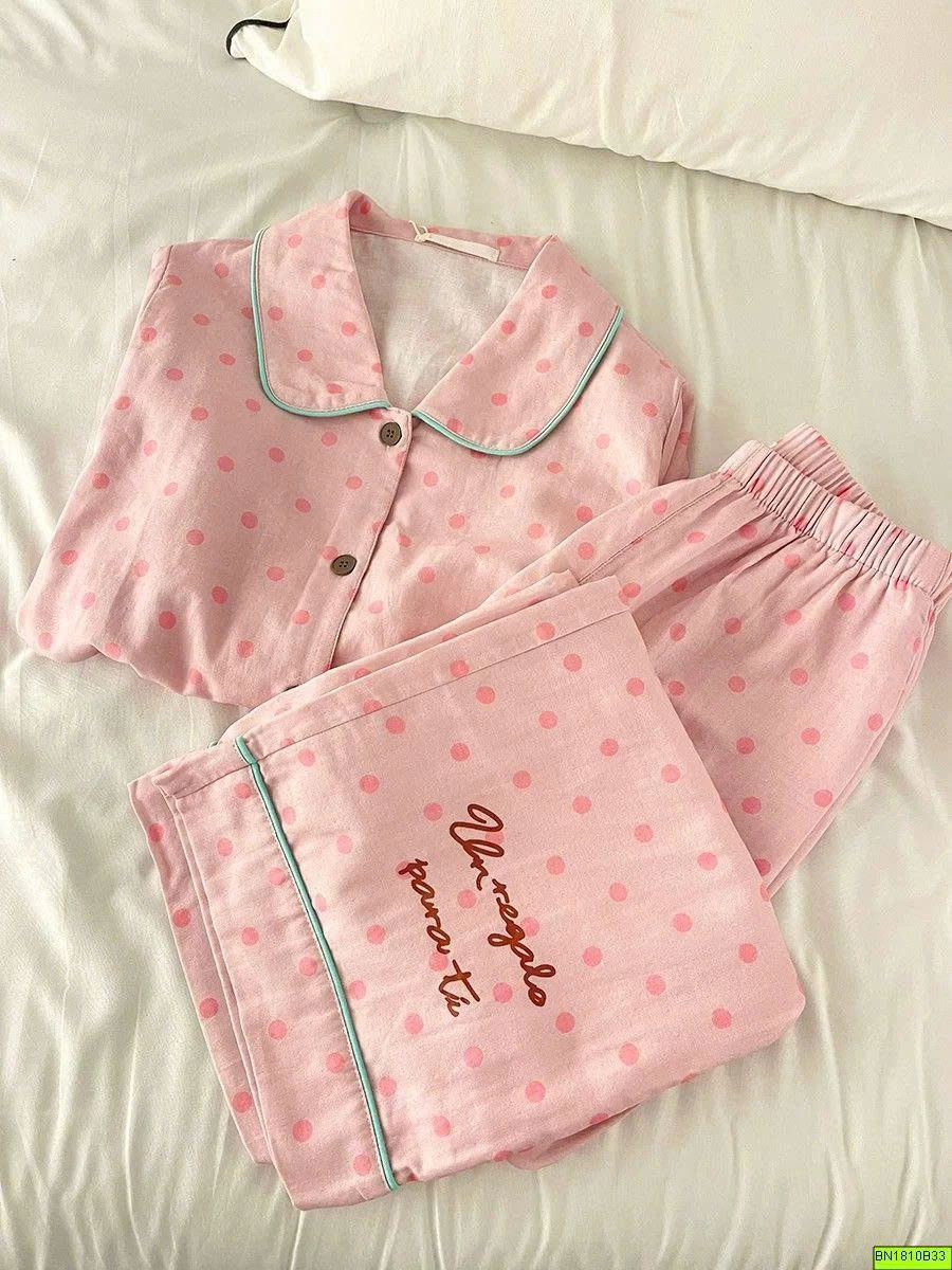 BỘ NGỦ PIJAMA CHẤM BI HỒNG VẢI THÔ
