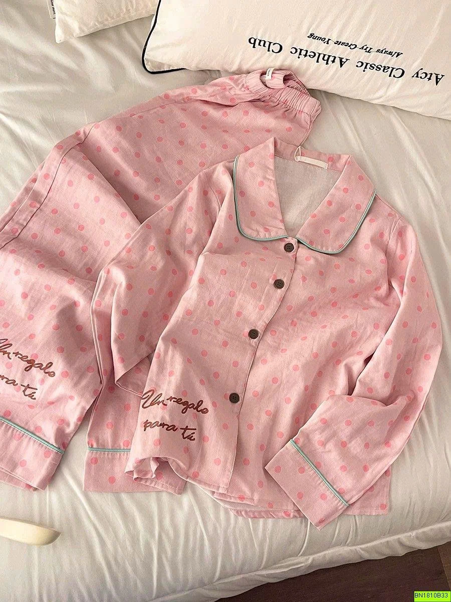 BỘ NGỦ PIJAMA CHẤM BI HỒNG VẢI THÔ