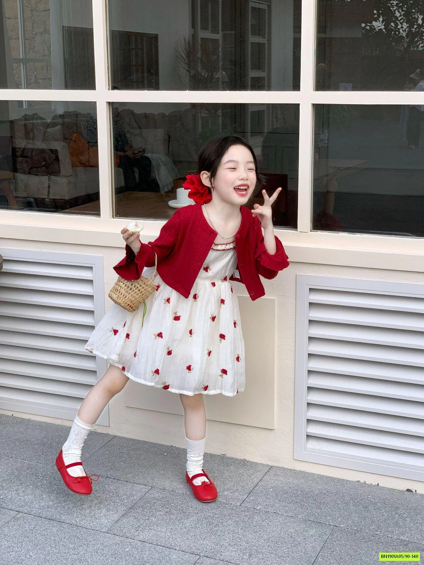 ĐẦM HOA NHÍ MIX CARDIGAN ĐỎ