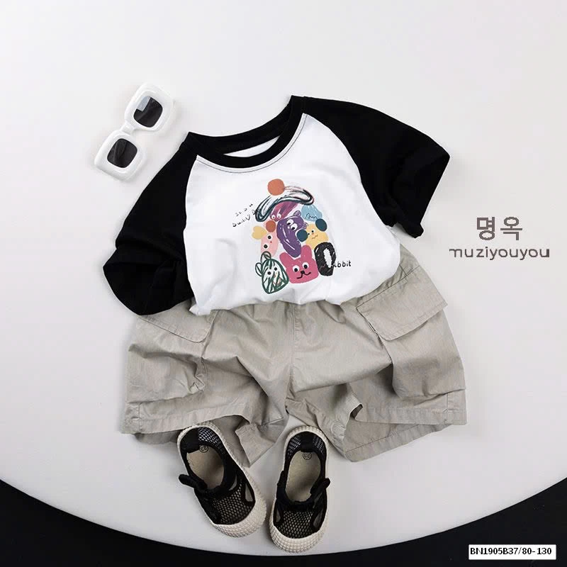 ÁO THUN HOẠT HÌNH PHỐI MÀU TAY HÀN QUỐC