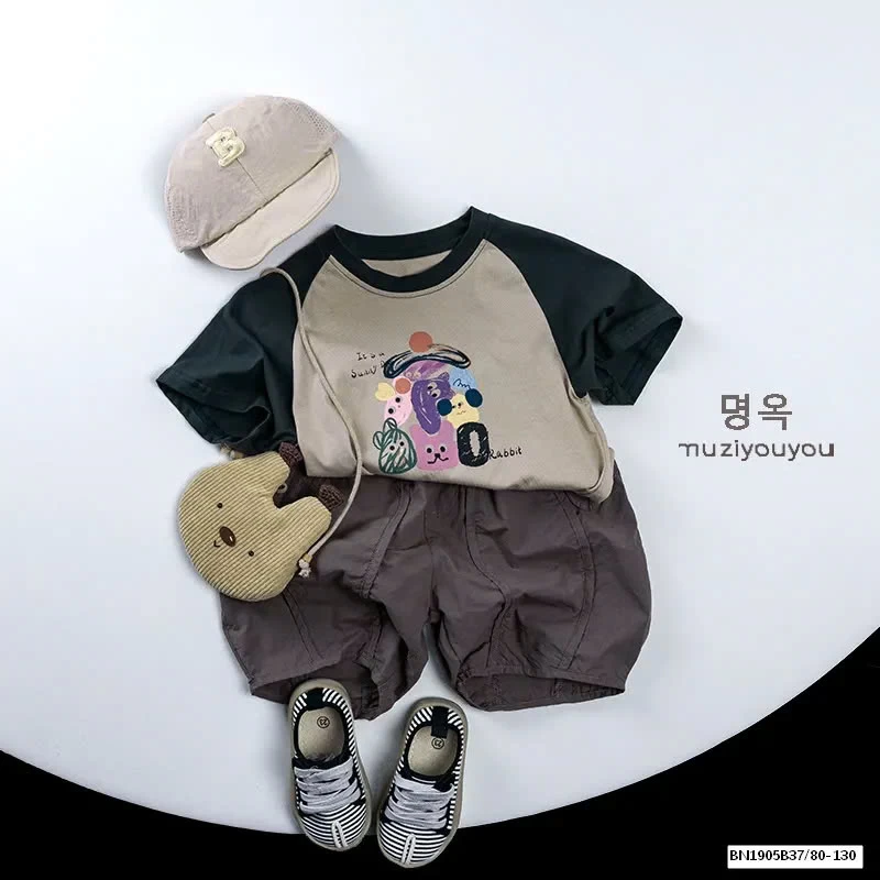 ÁO THUN HOẠT HÌNH PHỐI MÀU TAY HÀN QUỐC