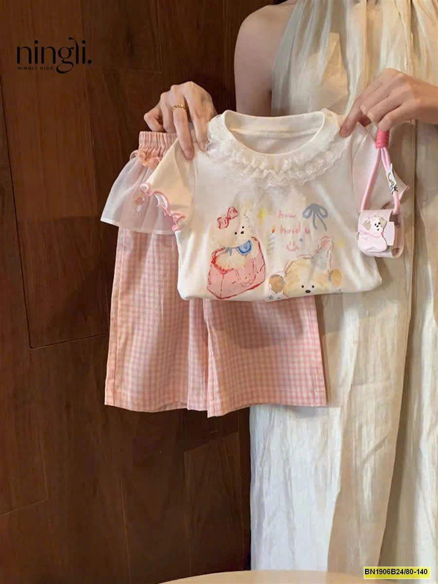 SET ÁO PHÔNG HỌA TIẾT MIX QUẦN KẺ NINGLI