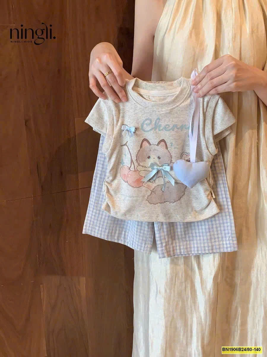 SET ÁO PHÔNG HỌA TIẾT MIX QUẦN KẺ NINGLI