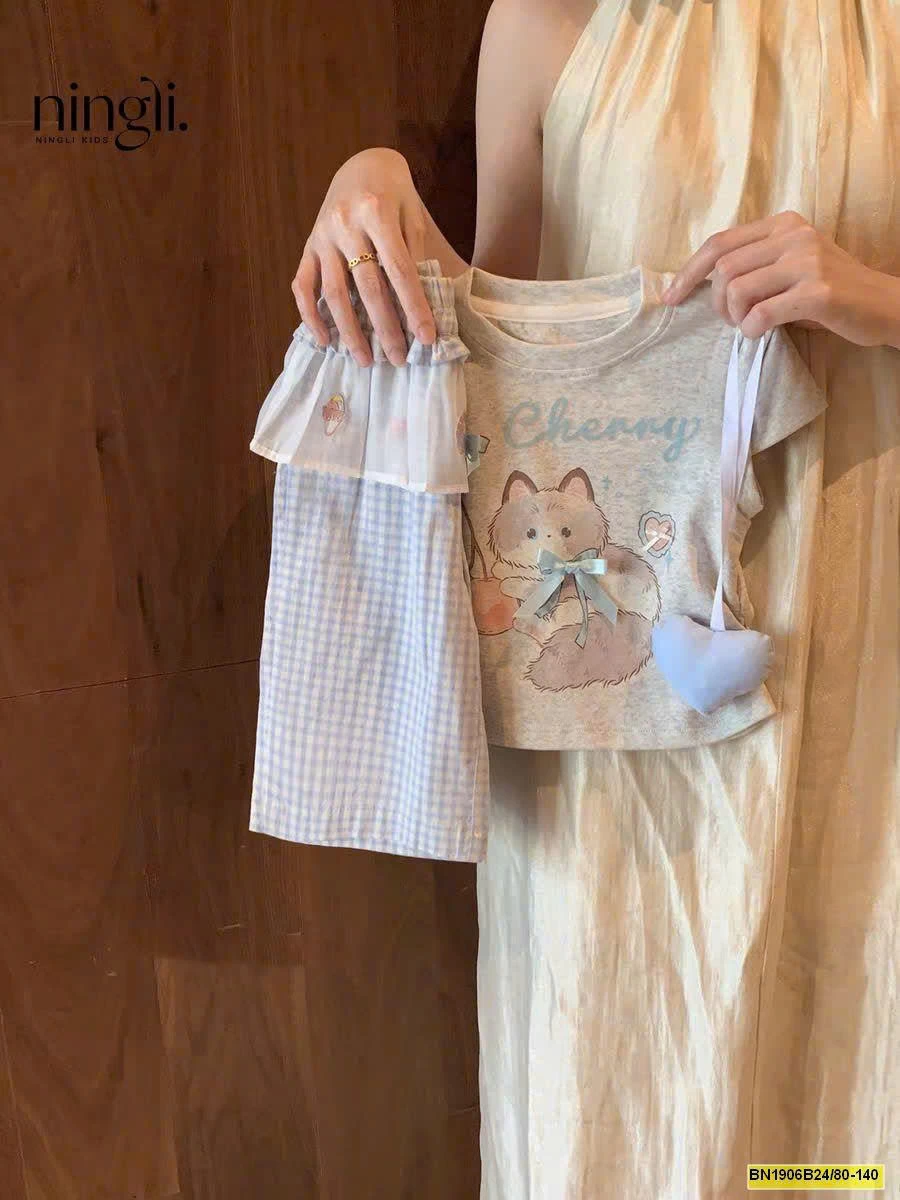 SET ÁO PHÔNG HỌA TIẾT MIX QUẦN KẺ NINGLI