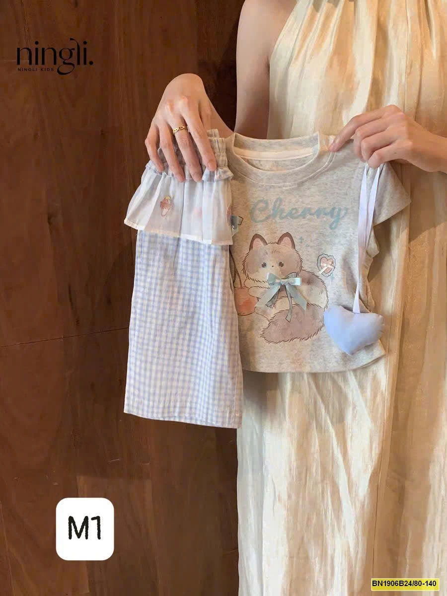 SET ÁO PHÔNG HỌA TIẾT MIX QUẦN KẺ NINGLI