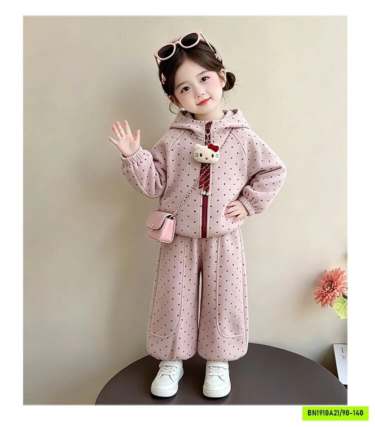 BỘ NỈ HỒNG CHẤM BI LIỀN MŨ BG