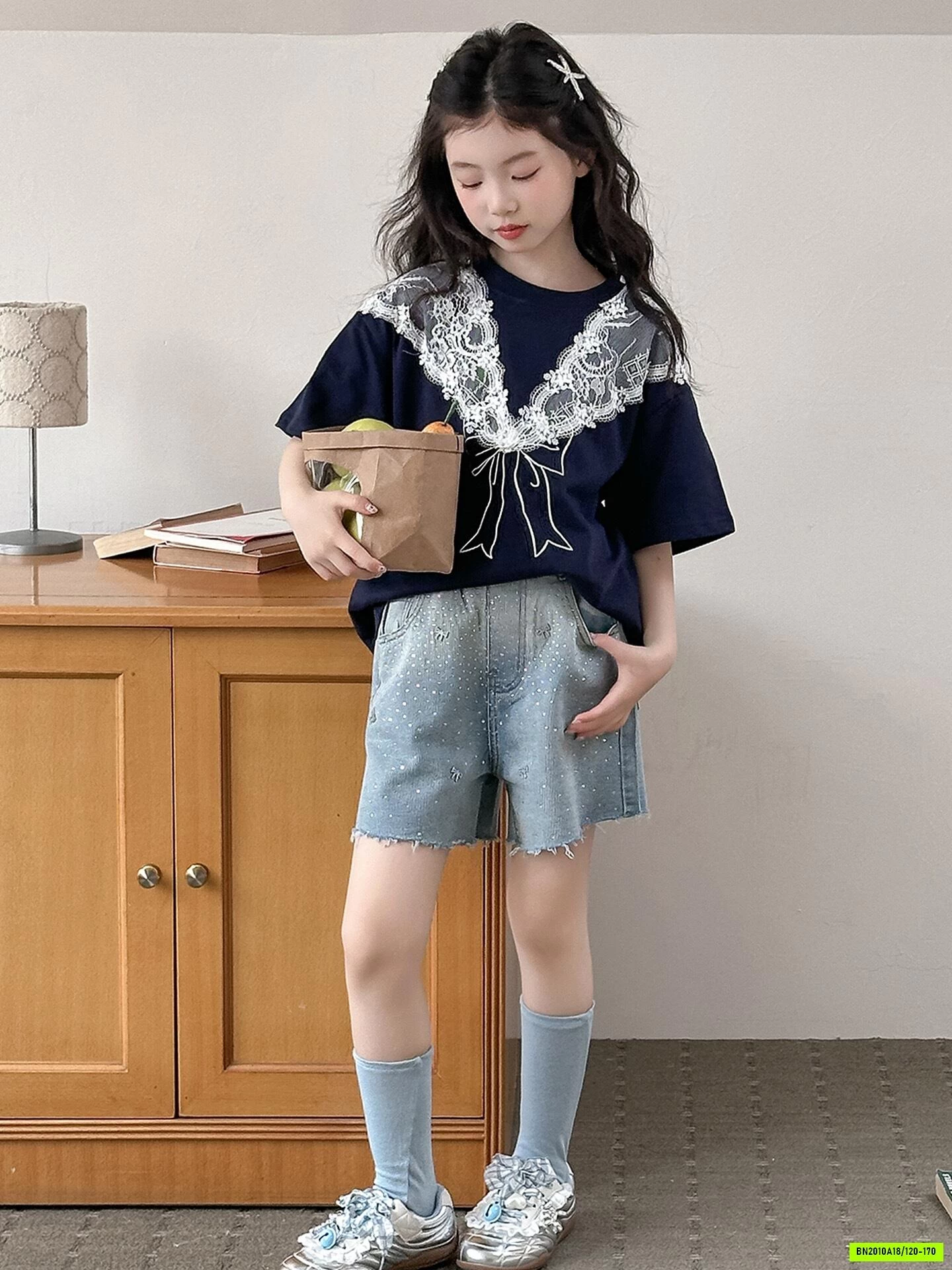 ÁO THUN PHỐI REN CHOÀNG MIX SHORT JEANS SZ ĐẠI