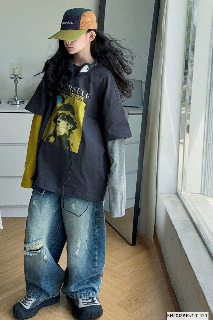 SÉT ÁO THUN CÔ GÁI TAY NỐI MIX QUẦN JEAN RÁCH GỐI