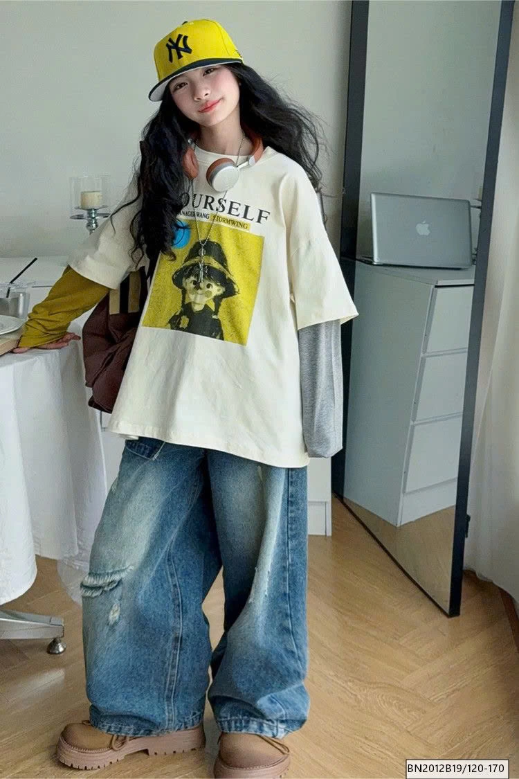 SÉT ÁO THUN CÔ GÁI TAY NỐI MIX QUẦN JEAN RÁCH GỐI