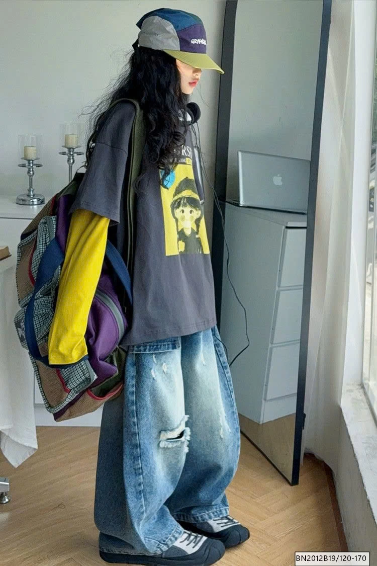 SÉT ÁO THUN CÔ GÁI TAY NỐI MIX QUẦN JEAN RÁCH GỐI