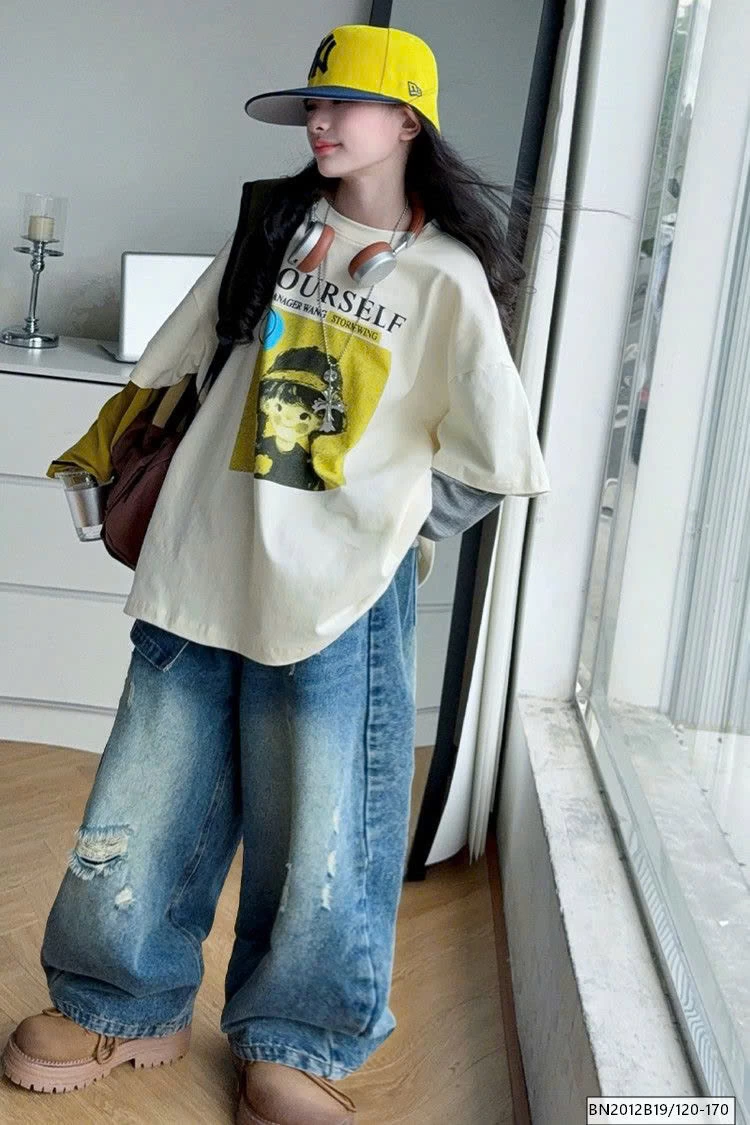 SÉT ÁO THUN CÔ GÁI TAY NỐI MIX QUẦN JEAN RÁCH GỐI