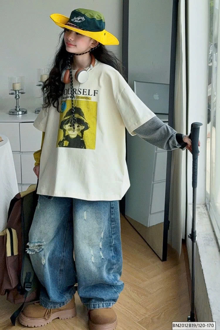 SÉT ÁO THUN CÔ GÁI TAY NỐI MIX QUẦN JEAN RÁCH GỐI