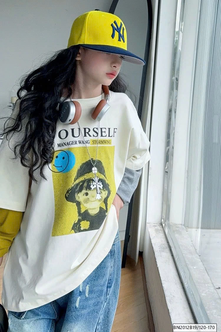 SÉT ÁO THUN CÔ GÁI TAY NỐI MIX QUẦN JEAN RÁCH GỐI