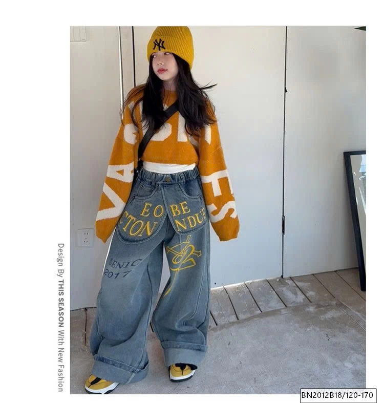 SÉT ÁO LEN CROPTOP MIX QUẦN JEAN CHỮ CÁ TÍNH LÓT LÔNG CỪU