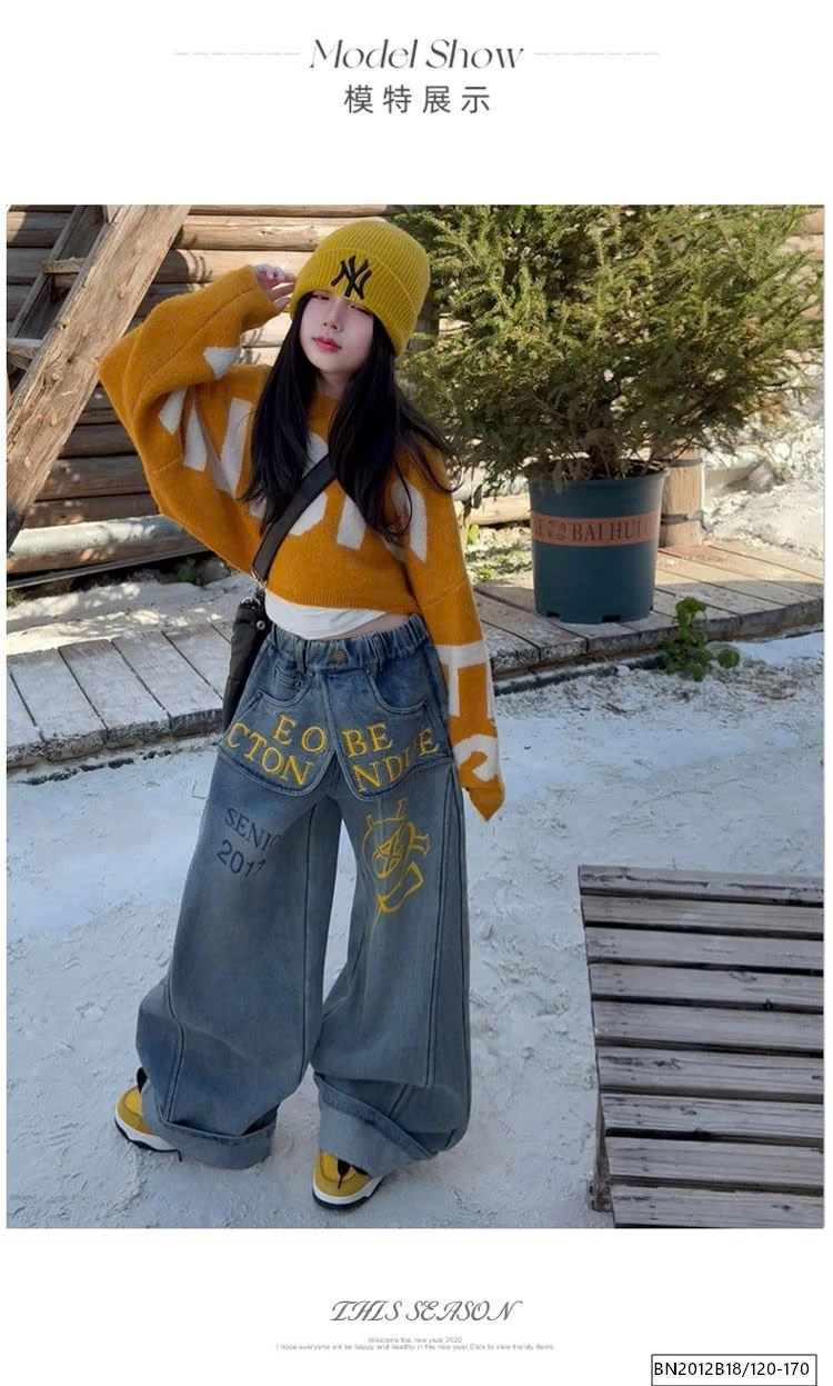 SÉT ÁO LEN CROPTOP MIX QUẦN JEAN CHỮ CÁ TÍNH LÓT LÔNG CỪU